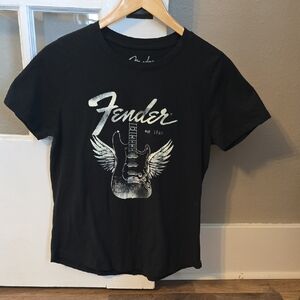 Fender Black Tee with Guitar and Wings Design
